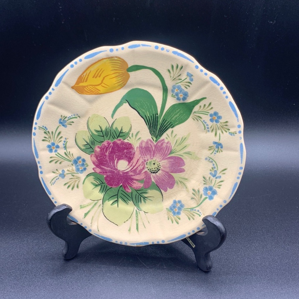 Vintage 1940-41 Nove Rose Bahl Potteries Ware Hand Painted Floral Saucer Plate